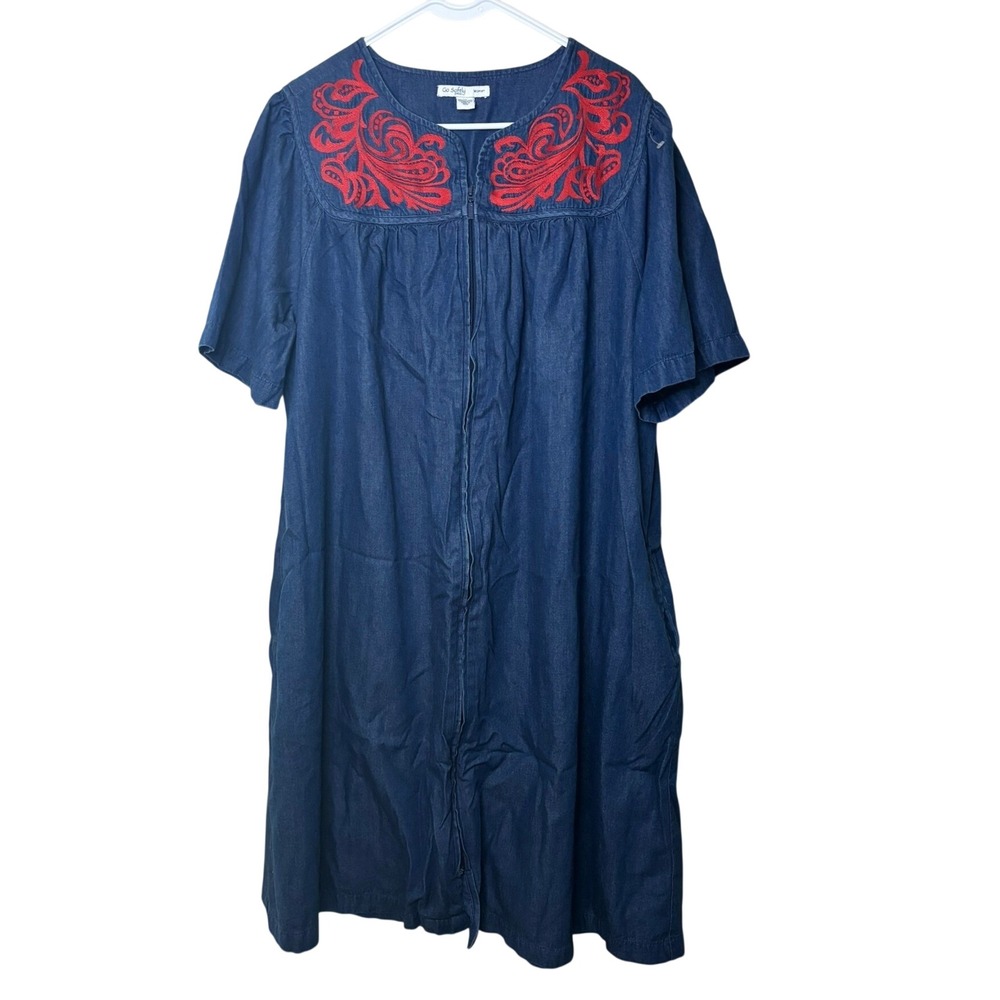 Go Softly Patio Denim Lounger‎ Dress Red Embroidery Zip Front Womens 1X Paisley